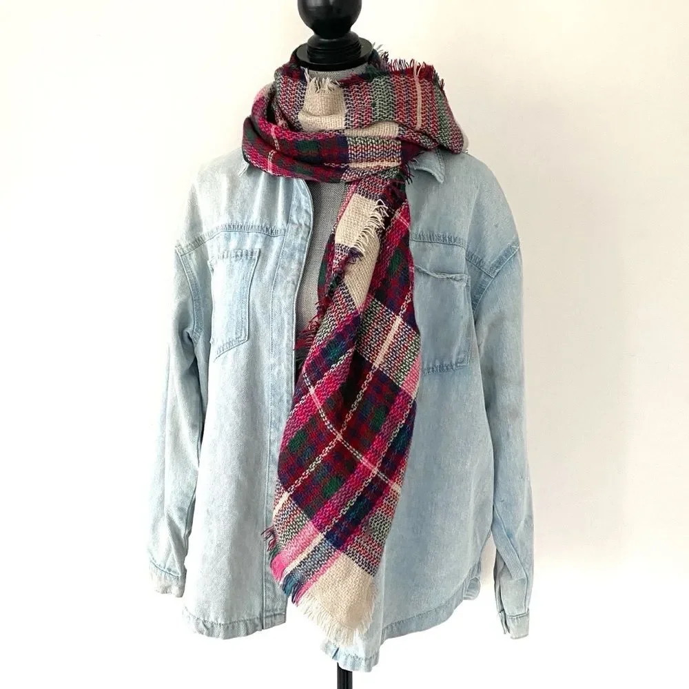 Pistil Soft Beige Red Green Oversized Scarf Casual Chic Boho Preppy Academia